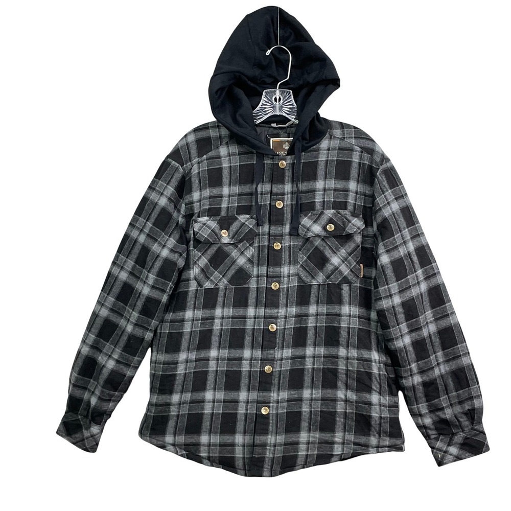 Legendary Outfitters Hooded Flannel Mens Small Black Plaid Quilted Lined Shirt